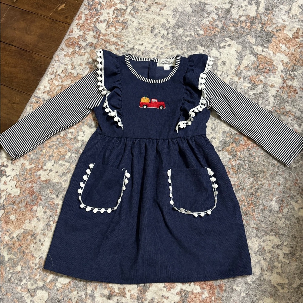 Charming Navy Kids Dress with Striped Sleeves